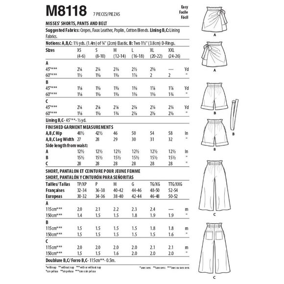 Misses McCalls M8118 Sewing Pattern Shorts Pants Belt Sizes XS-M - Picture 2 of 6
